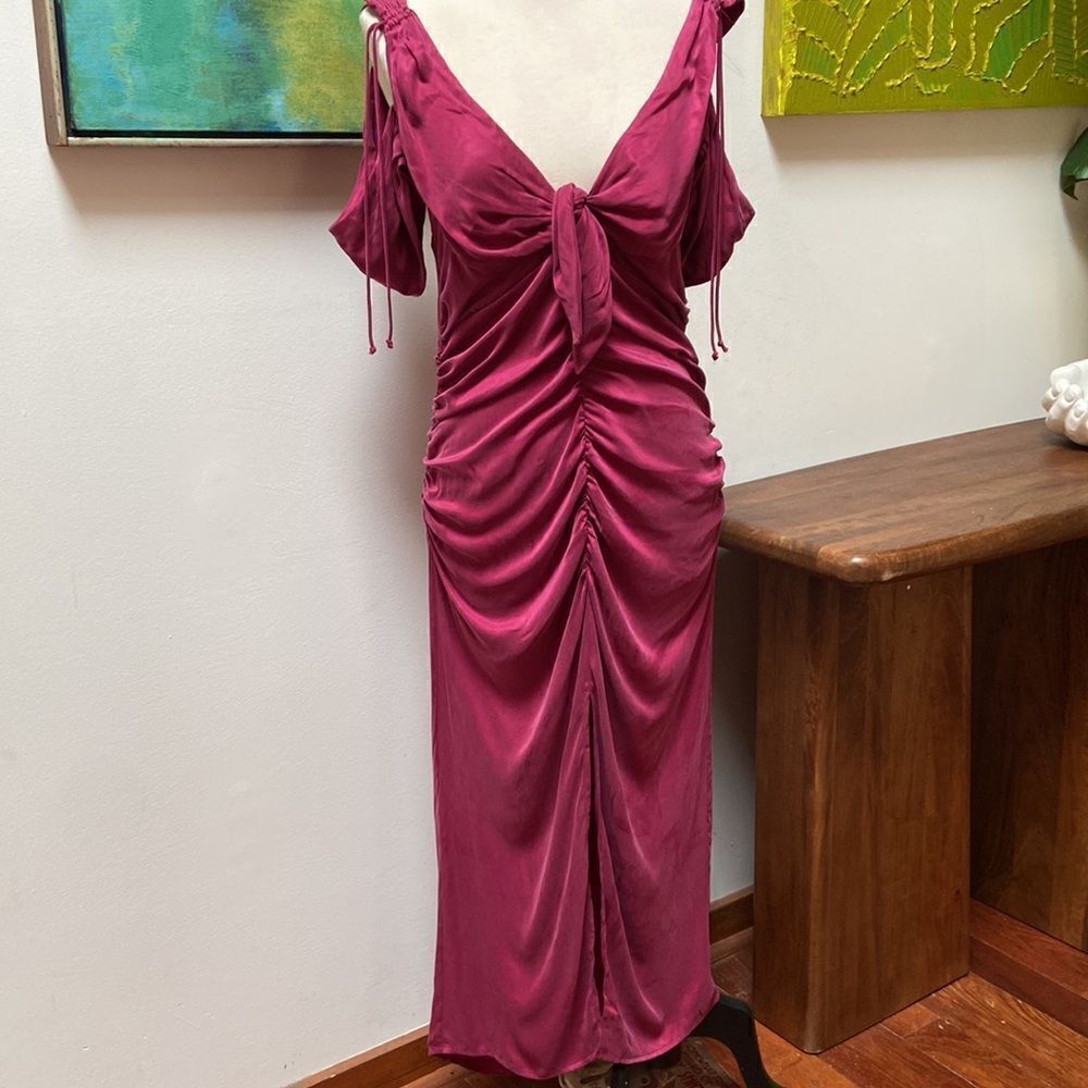 For Love & Lemons Beth Midi Dress Dark Magenta Pink w Draped Sleeves Large NWT - Picture 12 of 12